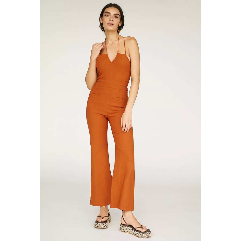 Anthropologie Maeve Lace-Back Halter Jumpsuit 14 Rust Orange Linen Cotton Blend